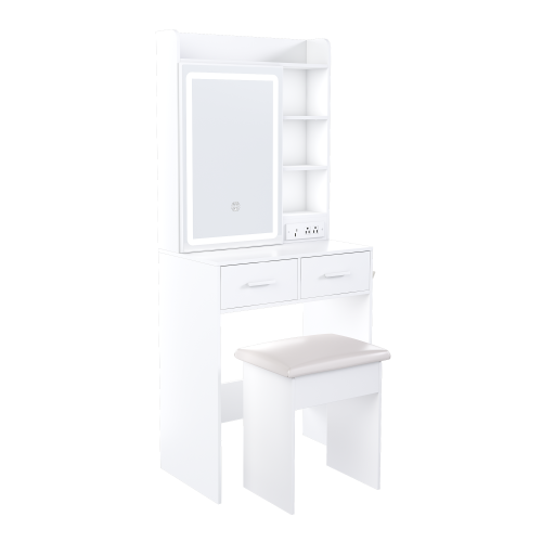 White Small Makeup Vanity Desk with Mirror & LED Lights, Power Outlet, Hidden Storage, Padded Stool & Shelf