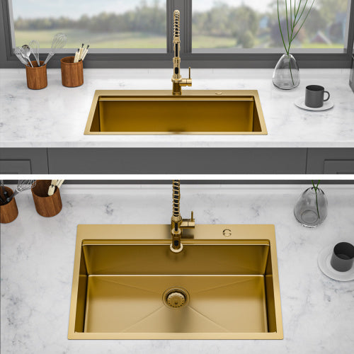 36" Drop in Gold Kitchen Sink - 36 x 22 x 10 inch Kitchen Sink Drop-in Topmount Single Bowl 16 Gauge Stainless Steel Ledge Workstation Kitchen Sinks
