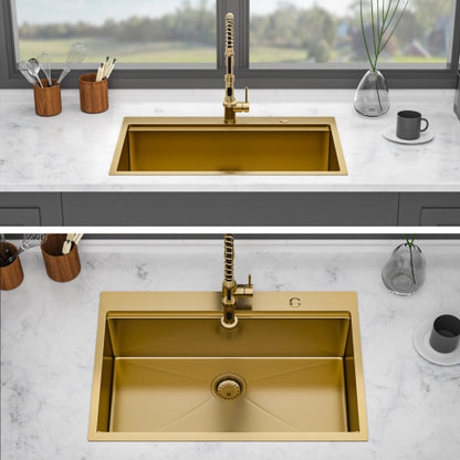 33" Drop in Gold Kitchen Sink - 33 x 22 x 10 inch Kitchen Sink Drop-in Topmount Single Bowl 16 Gauge Stainless Steel Ledge Workstation Kitchen Sinks