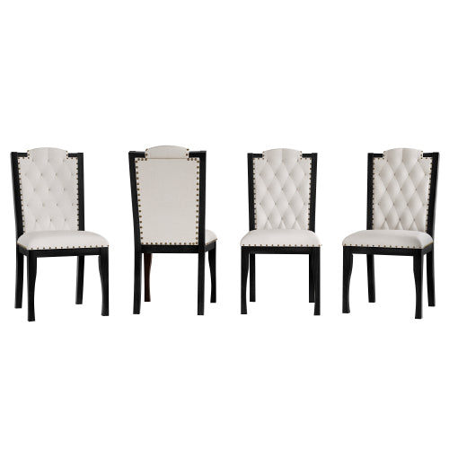 Set of 4 Beige Upholstered Dining Chairs, Diamond Tuft High Back, Nailhead Trim, Rubber Wood Black Legs