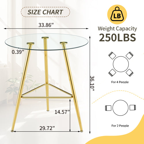 36 Inch Height Bar Table, 34 Inch Round Tempered Glass Top Pub Table with Chrome-Plated Golden Metal Legs, Modern Bistro Table for Kitchen Island/Bar/Cafe