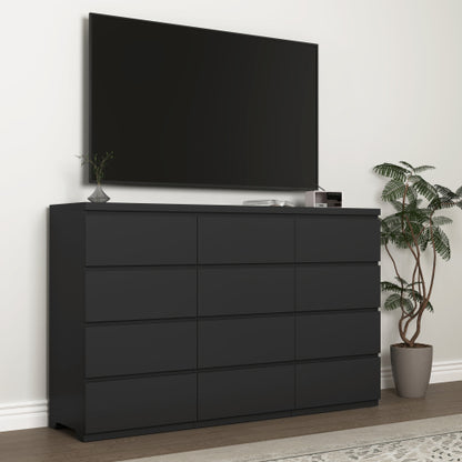 12 Drawers Double Dresser, Modern Wood Dresser Chest of Drawers with Large Storage Space for Bedroom, Black