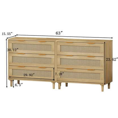 Oak Color 3-Drawer Rattan Storage Cabinet Set of 2 MDF Household Drawer Chest With Iron Handles