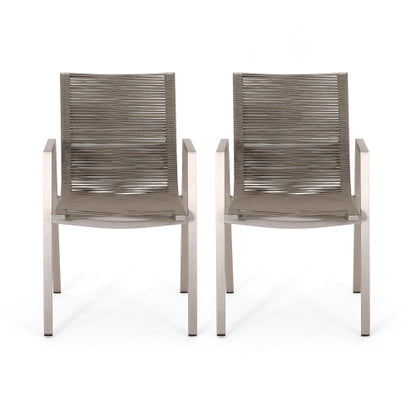 Outdoor Modern Aluminum Dining Chair with Rope Seat (Set of 2), Silver and Taupe