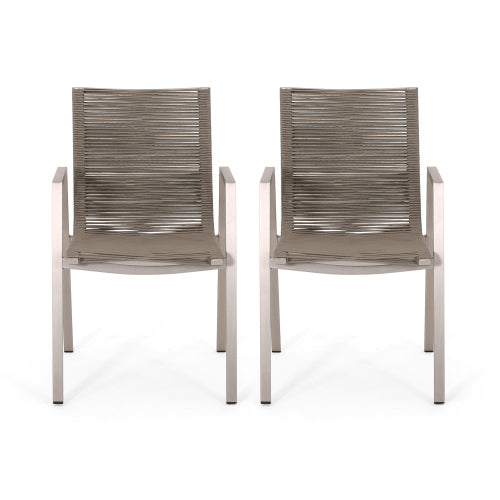 Outdoor Modern Aluminum Dining Chair with Rope Seat (Set of 2), Silver and Taupe