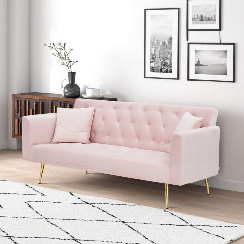 71 Inch American Retro Pink Velvet Convertible Love Seat Sofa Bed for Small Living Room Bedroom Office