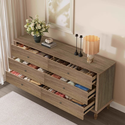 6 Drawer Double Wide Wood Dresser with Soft Close Slides & Burnt Wood Finish Brown