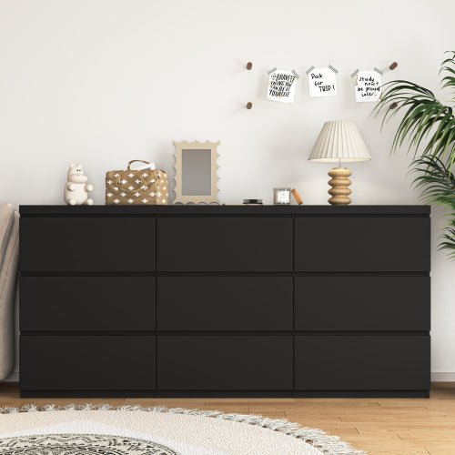 9 Drawer Dresser with No Handle Design, Modern Black Matte Wood Dresser for Bedroom, Storage Chest of Drawers for Living Room, Hallway, Entryway