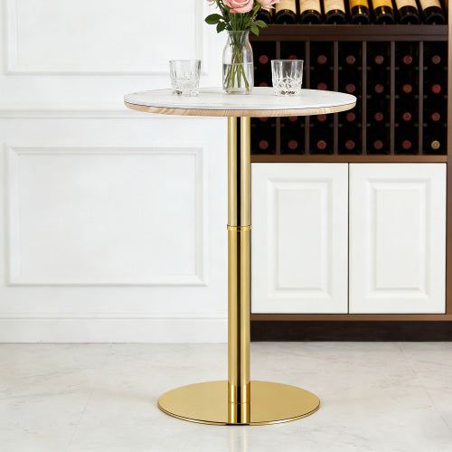 Rock slab circular tabletop non adjustable (39.5 inches high) bar table, bar table with gold legs and base (white+gold)