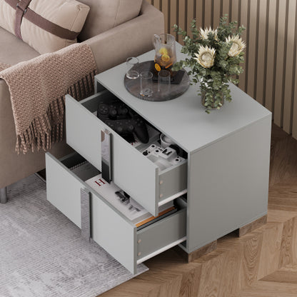 Modern End Table with Drawers, Elegant Nightstand with Metal Foot,Wood Bedside Table with Mirrored Metal Handles,Sofa Side End Table for Bedroom Living Room Office,Grey