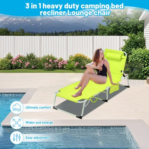 3-in-1 Heavy Duty Tanning Chair with Face Hole Adjustable 5-Position Folding Chaise Lounge Chairs for Outside Portable Lay Flat Beach Lounge Chair for Outdoor Sunbathing Patio Pool Lawn Camping Deck P