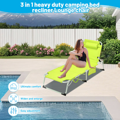 3-in-1 Heavy Duty Tanning Chair with Face Hole Adjustable 5-Position Folding Chaise Lounge Chairs for Outside Portable Lay Flat Beach Lounge Chair for Outdoor Sunbathing Patio Pool Lawn Camping Deck P