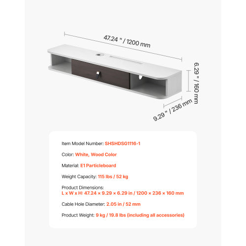47 Inch White Floating Wall Mount TV Console, Particle Board Storage Cabinet with Cable Holes for TV