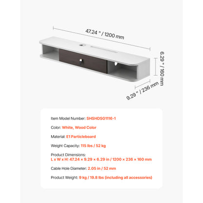 47 Inch White Floating Wall Mount TV Console, Particle Board Storage Cabinet with Cable Holes for TV