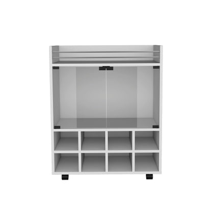 Bar Cart with Built-In 8-Bottle Rack, Double Glass Door Cabinet, and Aluminum-Edged Top Surface