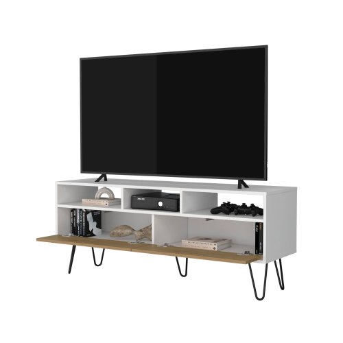 White and Natural Oak 54 inch TV Stand with Open Shelves and Storage