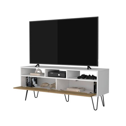 White and Natural Oak 54 inch TV Stand with Open Shelves and Storage