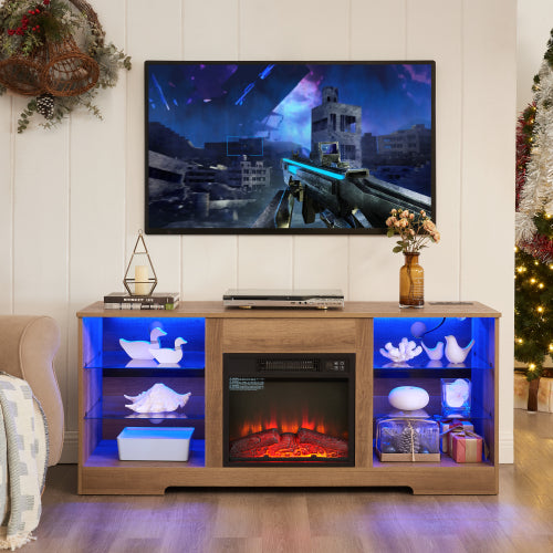 58 Inch Oak Electric Fireplace TV Stand Bluetooth RGB LED Light Media Console with Built-In Power Outlet for 65 Inch TV
