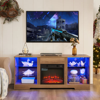 58 Inch Oak Electric Fireplace TV Stand Bluetooth RGB LED Light Media Console with Built-In Power Outlet for 65 Inch TV