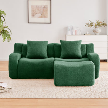 Green L-Shaped 2-Seat Boneless Teddy-Fabric Modular Sofa Curved Armrest No-Assembly Non-Slip