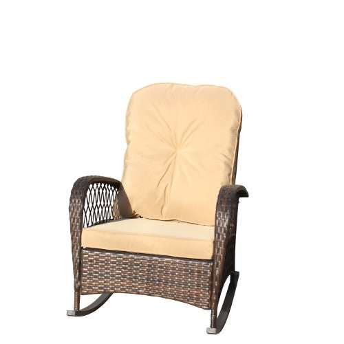 Outdoor Wicker Rocking Chair with Wide Seat, Thick, Soft Cushion, Rattan Rocker w/Steel Frame, High Weight Capacity for Patio, Garden, Backyard, Shallow brown Cushion