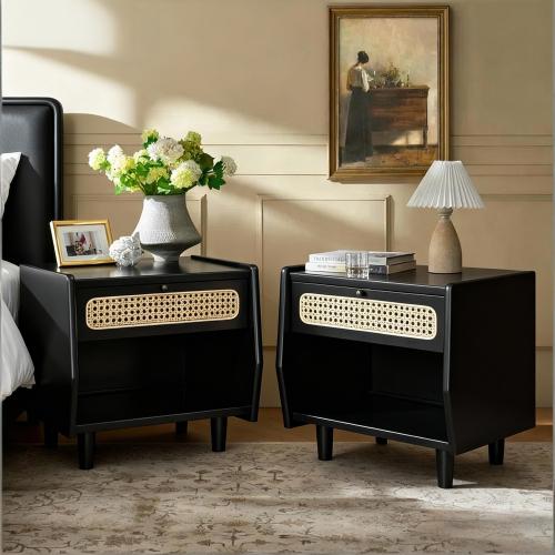 Black Nightstand with Rattan Detail, MDF + Solid Wood, Modern Bedroom Storage, Open Shelf & Drawer, Indoor Furniture