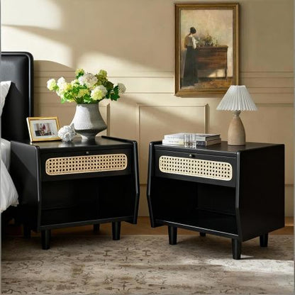 Black Nightstand with Rattan Detail, MDF + Solid Wood, Modern Bedroom Storage, Open Shelf & Drawer, Indoor Furniture
