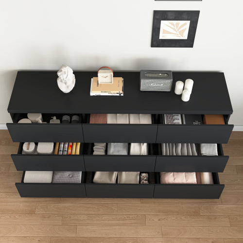 9 Drawer Dresser with No Handle Design, Modern Black Matte Wood Dresser for Bedroom, Storage Chest of Drawers for Living Room, Hallway, Entryway