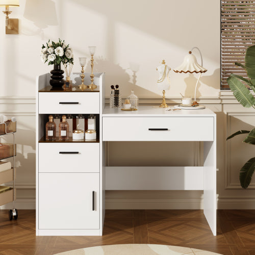 White 3in1 Flip-Top Vanity Desk, Amber Glass Top, Adjustable Dividers, Hidden Storage Cabinet