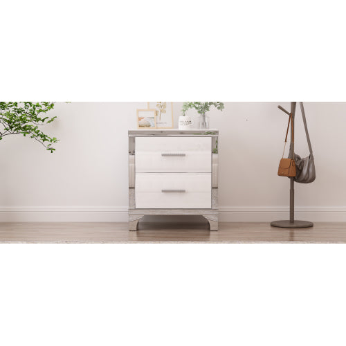 Elegant High Gloss Nightstand with Metal Handle,Mirrored Bedside Table with 2 Drawers for Bedroom,Living Room,White