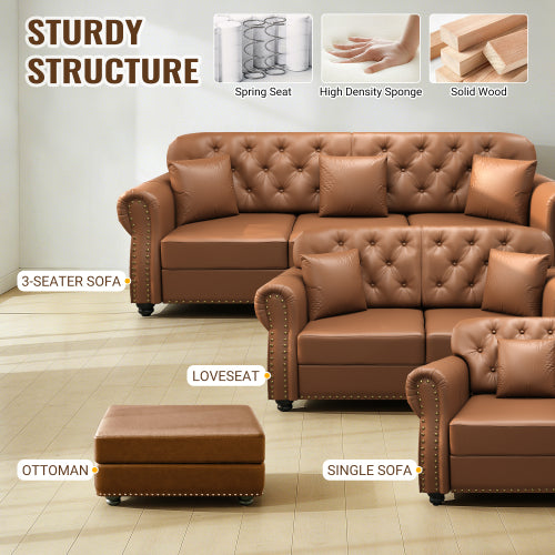 63 inch  Brown Mid-Century Faux-Leather Sofa,Nailhead Trim,Button Tufting,2 Pillows