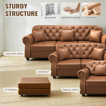63 inch  Brown Mid-Century Faux-Leather Sofa,Nailhead Trim,Button Tufting,2 Pillows