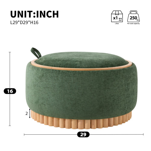 29 Inch Green Chenille Round Storage Ottoman, Reversible Tray Lid Ottoman with Rubberwood Base, No Assembly Needed