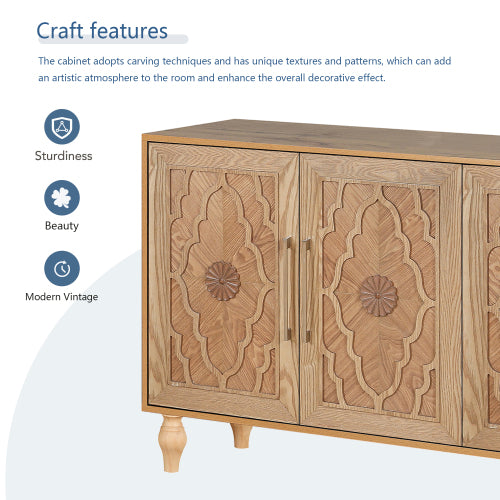 Natural Wood Carved Flower Door Large Storage Cabinet Metal Handle Household Multi-Scene Practical Sideboard Cabinet
