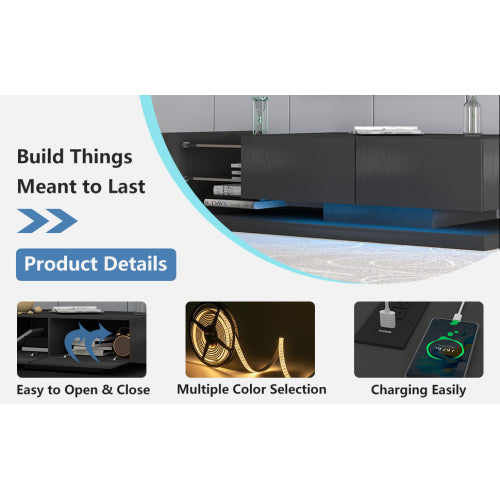 70 Inch Black Modern LED TV Stand Built-In Power Strip Tempered Glass Media Console for 75 Inch TV