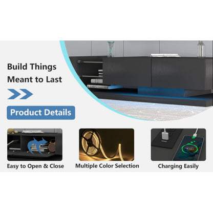 70 Inch Black Modern LED TV Stand Built-In Power Strip Tempered Glass Media Console for 75 Inch TV