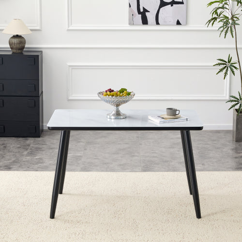 Marble Pattern Glass Dining Table with Black Tapered Metal Legs