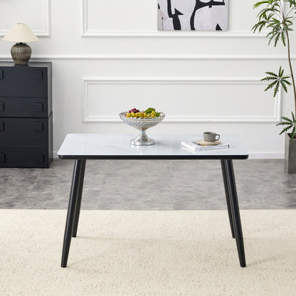 Marble Pattern Glass Dining Table with Black Tapered Metal Legs