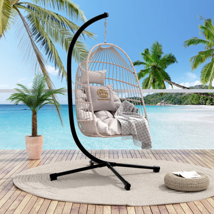 Foldable Hanging Egg Chair with Stand and Pillow, HDPE Rattan and Heavy Duty Aluminum-Steel Frame, Outdoor Patio Wicker Swing Egg Chair with Headrest and Cushioned, (Beige)