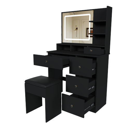 Fashion Vanity Desk w/ 3-Color Dimmable LED Mirror, 4 Silent Sliding Drawers, Open Shelf for Bedroom, Black