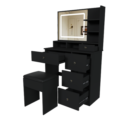 Fashion Vanity Desk w/ 3-Color Dimmable LED Mirror, 4 Silent Sliding Drawers, Open Shelf for Bedroom, Black