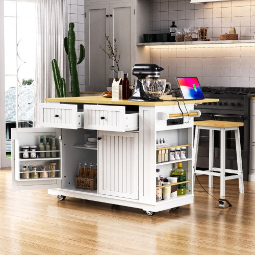 48inch Kitchen Island with 2 Bar Stools, Power Outlet, Door Internal Storage Rack, Kitchen Storage Cart on 5 Wheels with Drop Leaf, 5 Side Racks, 2 Drawers,White