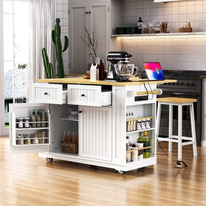 48inch Kitchen Island with 2 Bar Stools, Power Outlet, Door Internal Storage Rack, Kitchen Storage Cart on 5 Wheels with Drop Leaf, 5 Side Racks, 2 Drawers,White