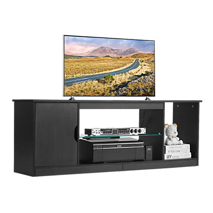 65 Inch Black Minimalist LED Light TV Stand with Tempered Glass Adjustable Storage Shelves