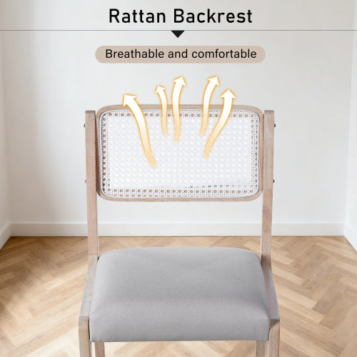Set of 2 Beige Modern Farmhouse Linen Dining Chairs, Rattan Back Solid Rubberwood Padded Side Chairs