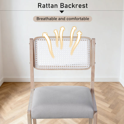 Set of 2 Beige Modern Farmhouse Linen Dining Chairs, Rattan Back Solid Rubberwood Padded Side Chairs
