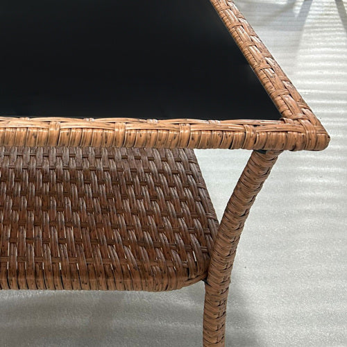 Outsunny Rattan Side Table Outdoor End Table with Storage Shelf Aluminum Frame Tempered Glass Top