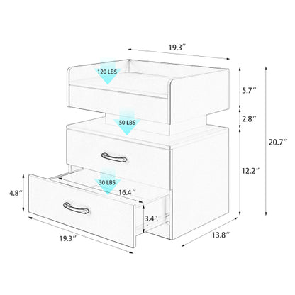 LED Nightstand with 2 Drawers and Adjustable Light Strip, Modern Bedside Storage Table
