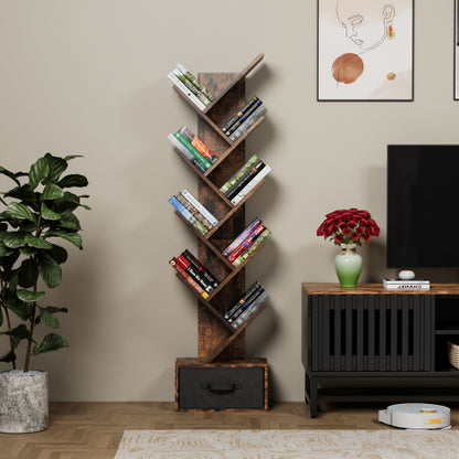 Rustic Brown 9-Tier Tree-Shaped Bookshelf with Drawer, MDF Vertical Storage Rack 15¡Á7.7¡Á55.5 Inch