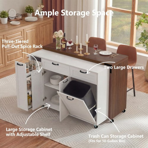 102 Inch Kitchen Island with Extendable Dining Table & Trash Storage White